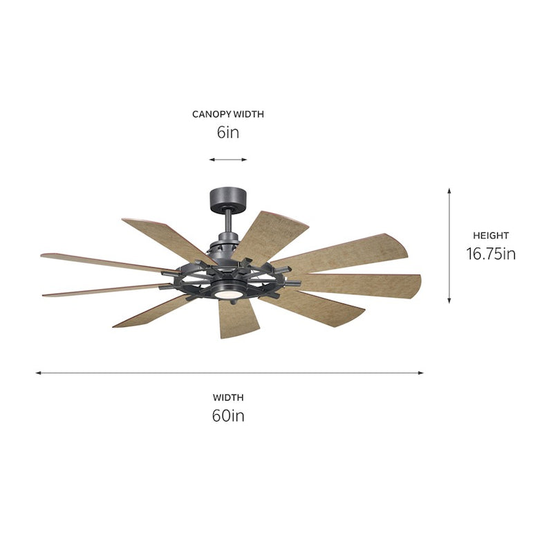 Kichler Gentry 60in LED Ceiling Fan | Farmhouse Weathered Zinc and Distressed Antique Gray | Covered Patio & Living Room | 3000K | Model 300260WZC