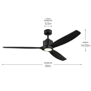 Kichler Calyx 60in 3-Blade Ceiling Fan | Modern Matte Black & Solid Wood Blades | Living Room & Bedroom | 14.25in H | Model 300360-BK