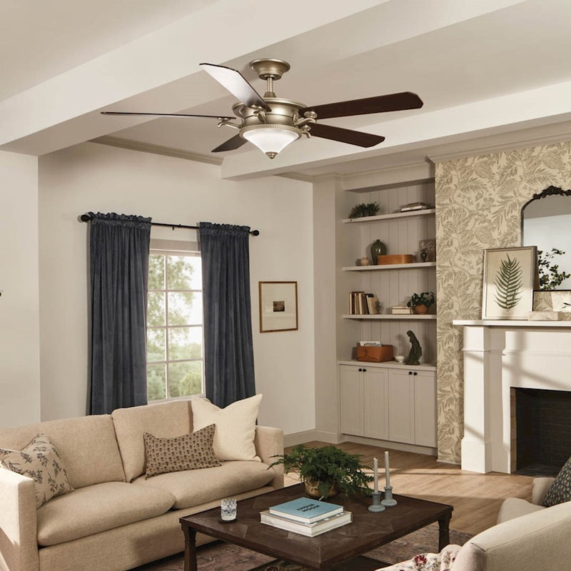 Kichler Rise 60in Ceiling Fan with Light | Olde Bronze w/Gold Highlights and Walnut Blades | Living Room & Bedroom | 60 x 60 x 17 in | Model 300370OZ