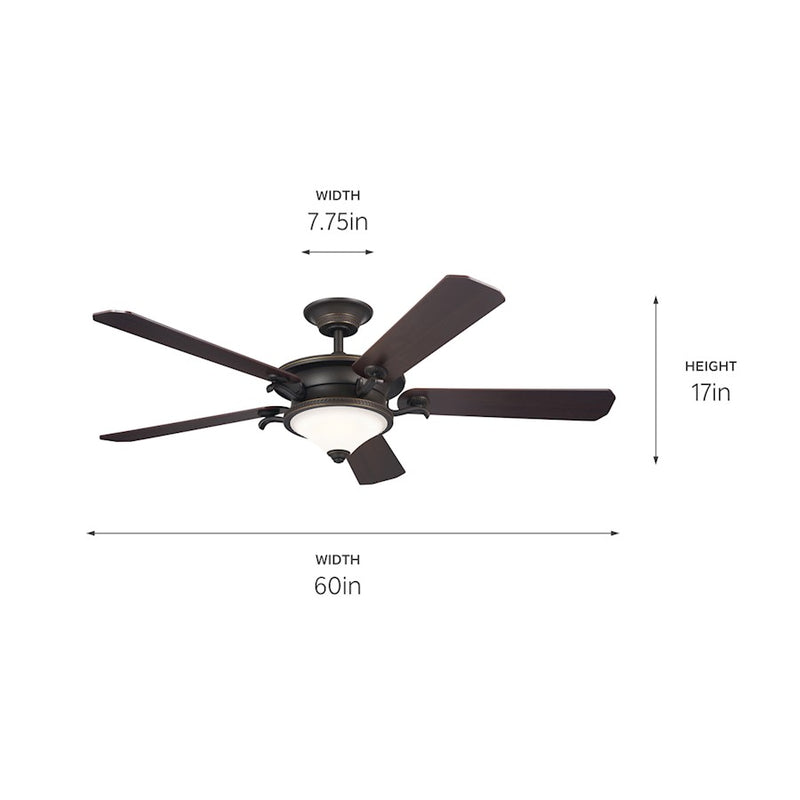 Kichler Rise 60in Ceiling Fan with Light | Olde Bronze w/Gold Highlights and Walnut Blades | Living Room & Bedroom | 60 x 60 x 17 in | Model 300370OZ