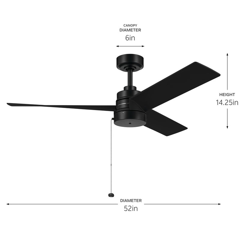Kichler Spyn Lite 52in Ceiling Fan | Modern Industrial Black Steel | Bedroom & Living Room 100-150 sq ft | 52in Blade Span, 14.25in H | Model 300375BK