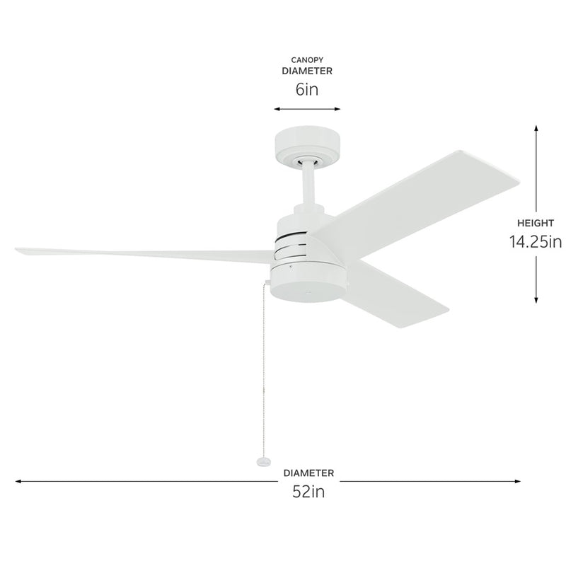 Kichler Spyn Lite 52in Ceiling Fan | Modern Industrial Matte White Steel | Bedroom & Living Room | 52in Blade Span, 14in H | Model 300375MWH