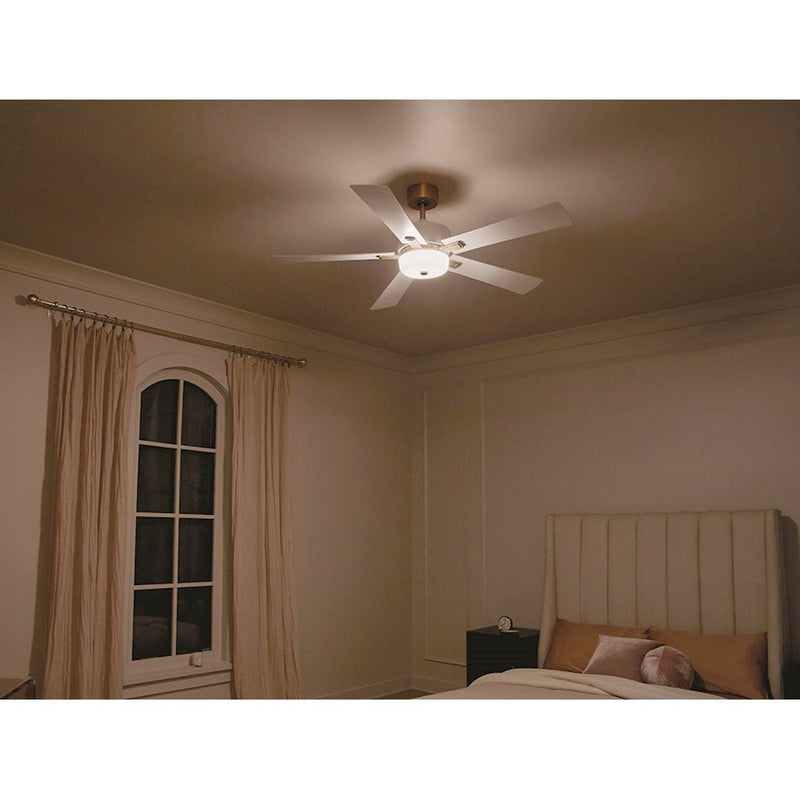 Kichler Icon 56in Ceiling Fan | Brushed Natural Brass Steel with White Blades | Living Room & Bedroom | 56 x 56 x 16 in | Model 300395WH