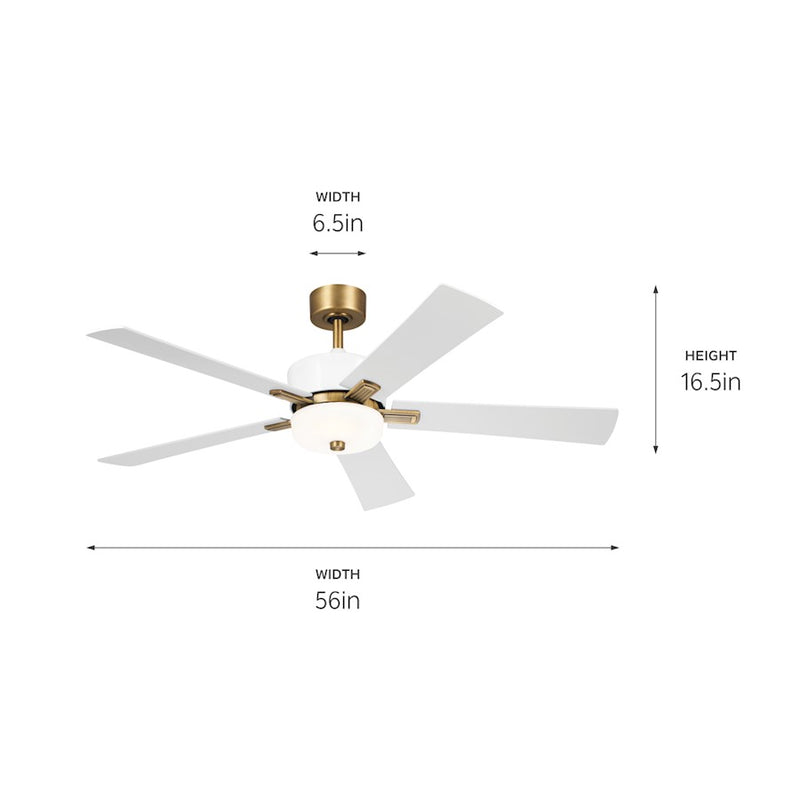 Kichler Icon 56in Ceiling Fan | Brushed Natural Brass Steel with White Blades | Living Room & Bedroom | 56 x 56 x 16 in | Model 300395WH