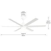 Kichler Solen 65in 6-Blade Ceiling Fan | Modern Matte White Steel with Integrated LED | Wet-Rated for Covered Patios & Outdoor | Model 310065-MWH