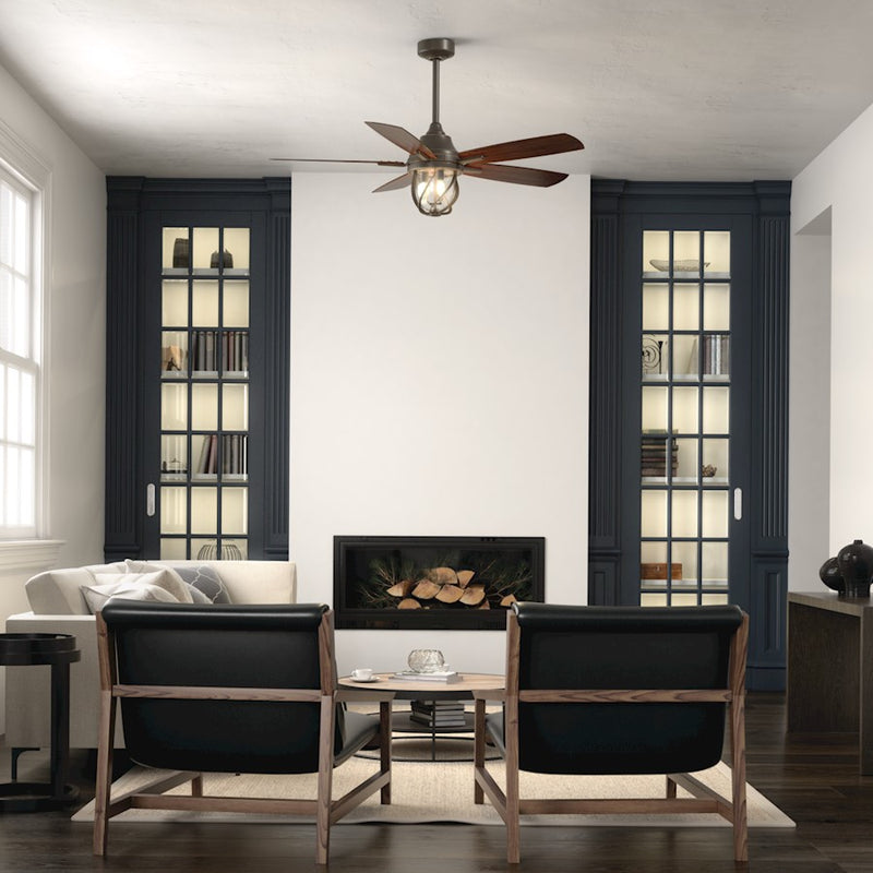 Kichler Lydra 52in Ceiling Fan with Light | Olde Bronze Steel and Dark Walnut Blades | Covered Patio & Living Room Fan | 900 Lumens | Model 310073OZ