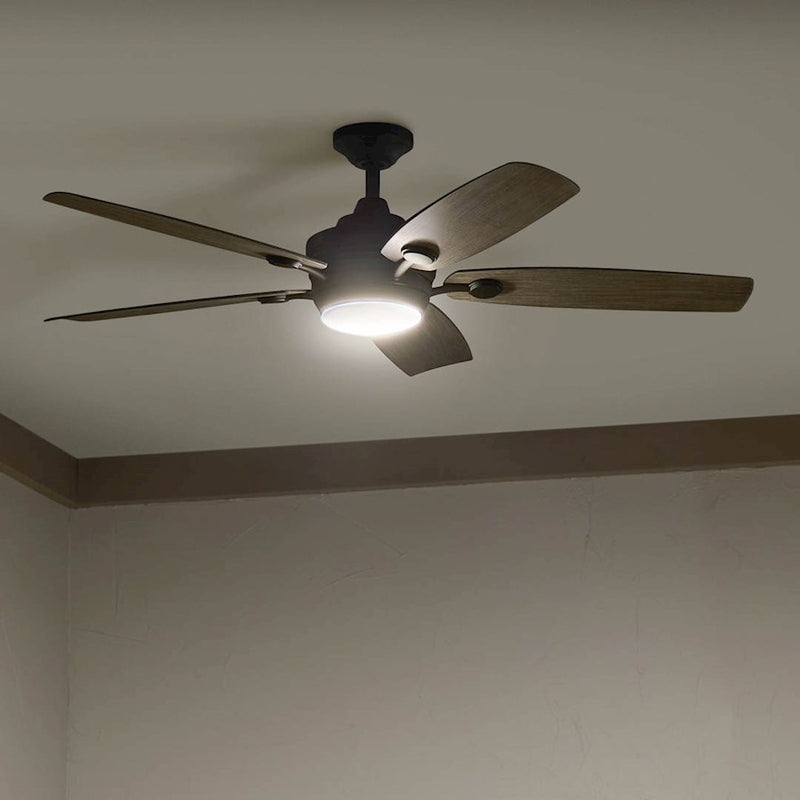 Kichler Tranquil 56in Ceiling Fan | Modern Satin Black and Frosted Glass | Living Room & Covered Patio | 56 x 56 x 14 in | Model 310080SBK