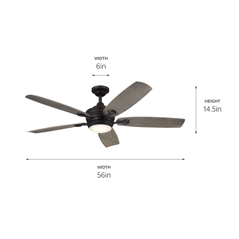 Kichler Tranquil 56in Ceiling Fan | Modern Satin Black and Frosted Glass | Living Room & Covered Patio | 56 x 56 x 14 in | Model 310080SBK