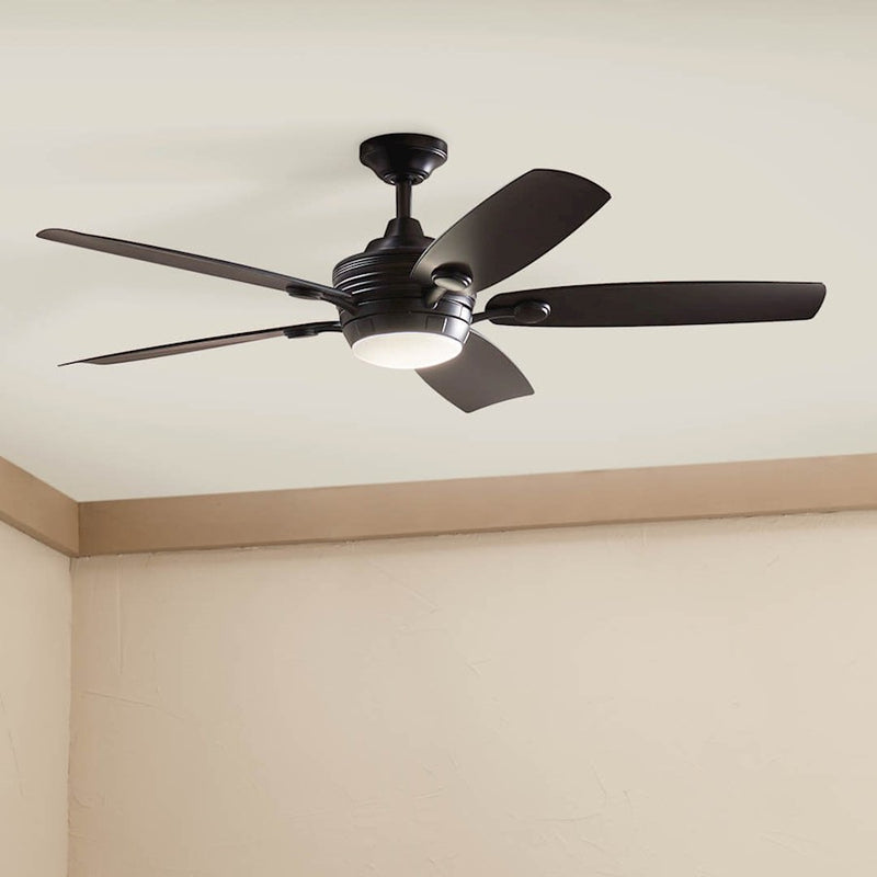 Kichler Tranquil 56in Ceiling Fan | Modern Satin Black and Frosted Glass | Living Room & Covered Patio | 56 x 56 x 14 in | Model 310080SBK