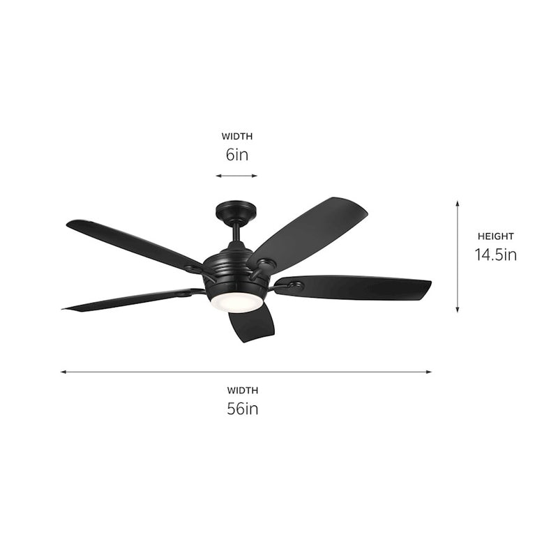 Kichler Tranquil 56in Ceiling Fan | Modern Satin Black and Frosted Glass | Living Room & Covered Patio | 56 x 56 x 14 in | Model 310080SBK