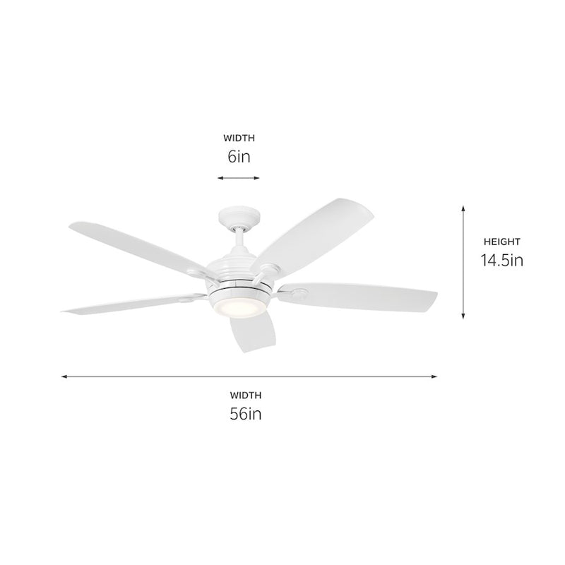 Kichler Tranquil 56in Ceiling Fan with Light | White Stainless Steel and Frosted Glass | Covered Patio & Large Bedroom | Model 310130WH