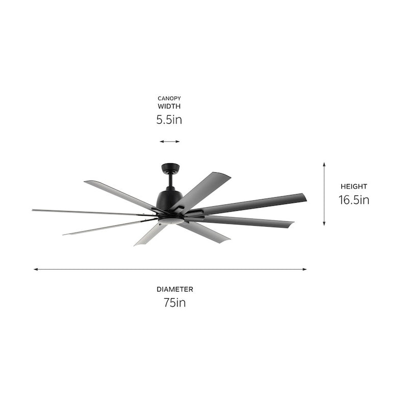 Kichler Breda 75in 8-Blade Ceiling Fan | Satin Natural Bronze Steel and Blades | Large Living Room & Covered Patio | 75 x 16.5 in | Model 310275SNB