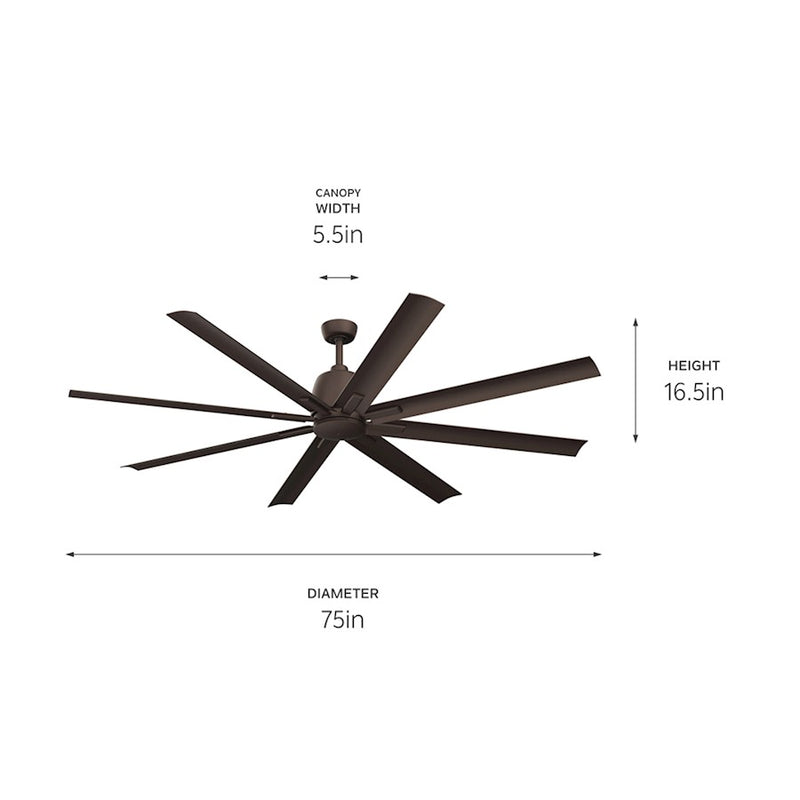 Kichler Breda 75in 8-Blade Ceiling Fan | Satin Natural Bronze Steel and Blades | Large Living Room & Covered Patio | 75 x 16.5 in | Model 310275SNB
