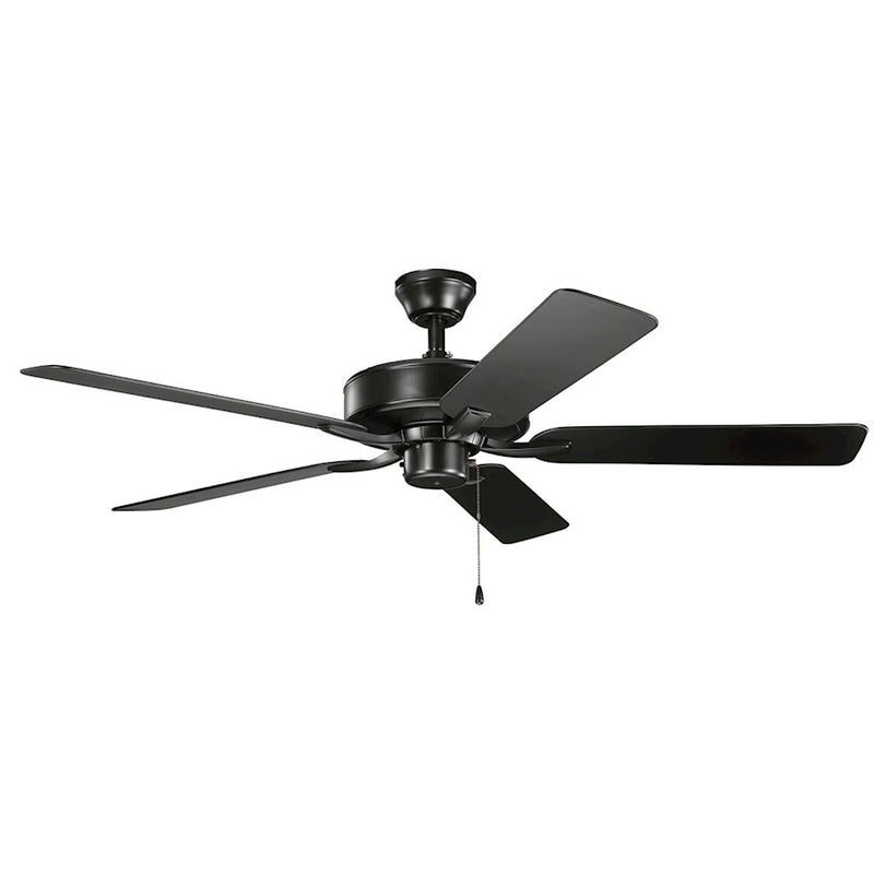 Kichler Basics Pro 52in Patio Ceiling Fan | Traditional Satin Black Steel | Covered Patio & Porch | 52x52x12.5in, Damp Rated | Model 330015SBK