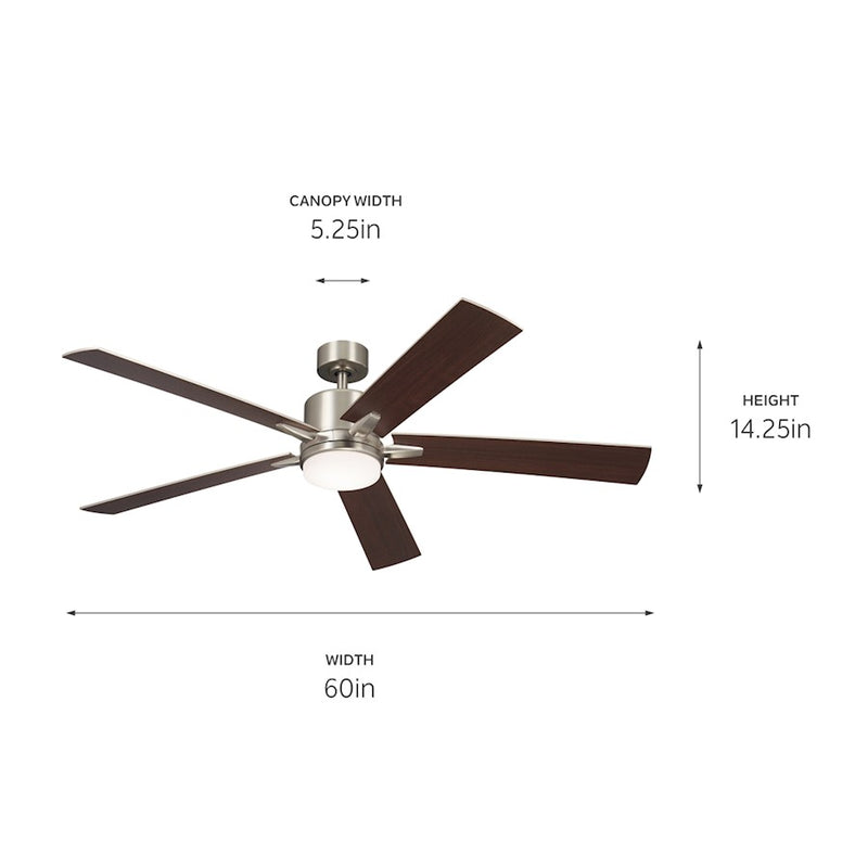Kichler Lucian Elite XL 60in Ceiling Fan | Brushed Nickel and Walnut Blades | Living Room & Bedroom | 52 x 14 in | Model 330060NI