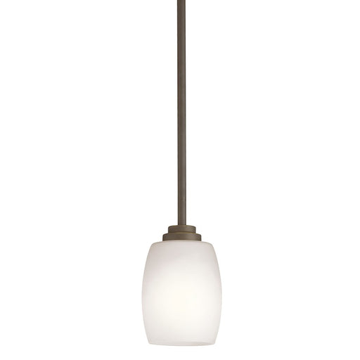 Kichler Eileen 4.5in 1-Light Mini Pendant | Industrial Olde Bronze and Satin Etched Cased Opal Glass | Kitchen Island | Model 3497OZS