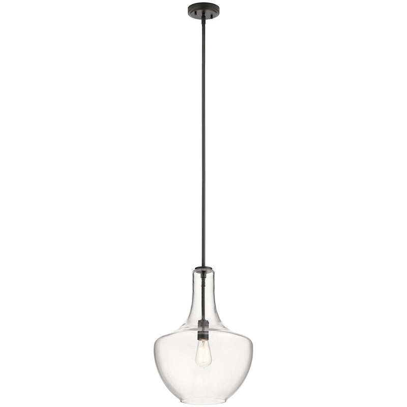 Kichler Everly 15.25in 1-Light Bell Pendant | Industrial Black Steel and Clear Glass | Kitchen Island & Dining Room | Model 42141BK
