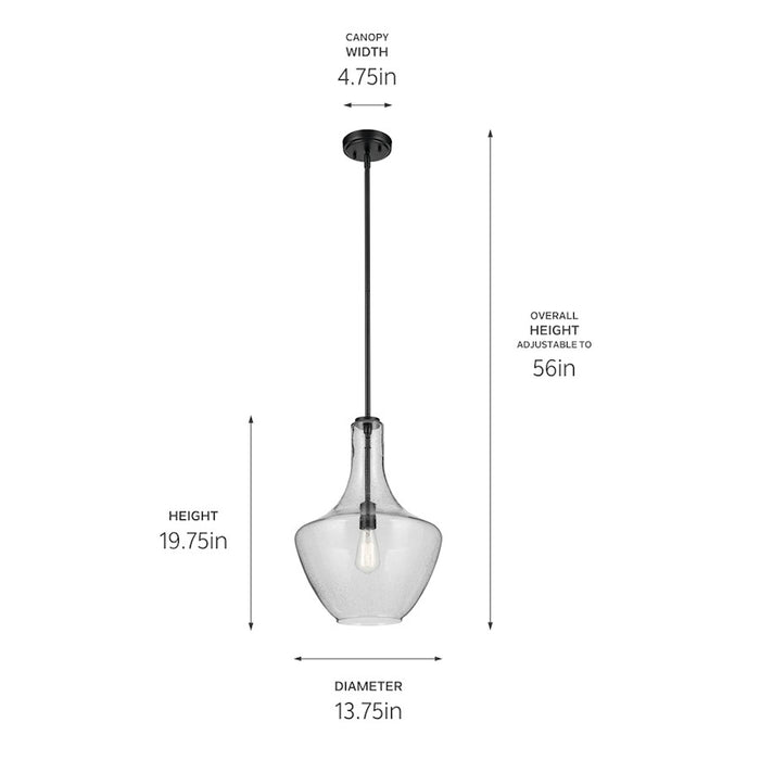 Kichler Everly 1 Light Bell 19.75" Pendant, Black/Clear Seeded