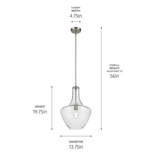 Kichler Everly 1 Light Bell 19.75" Pendant, Brushed Nickel/Clear