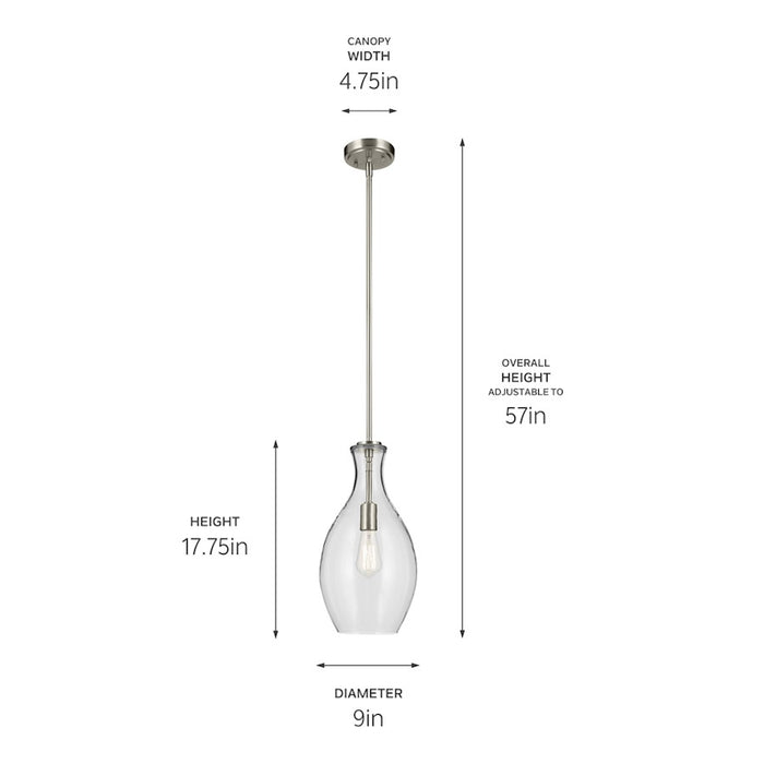 Kichler Everly 1 Light Bell 17.75" Pendant, Brushed Nickel/Clear