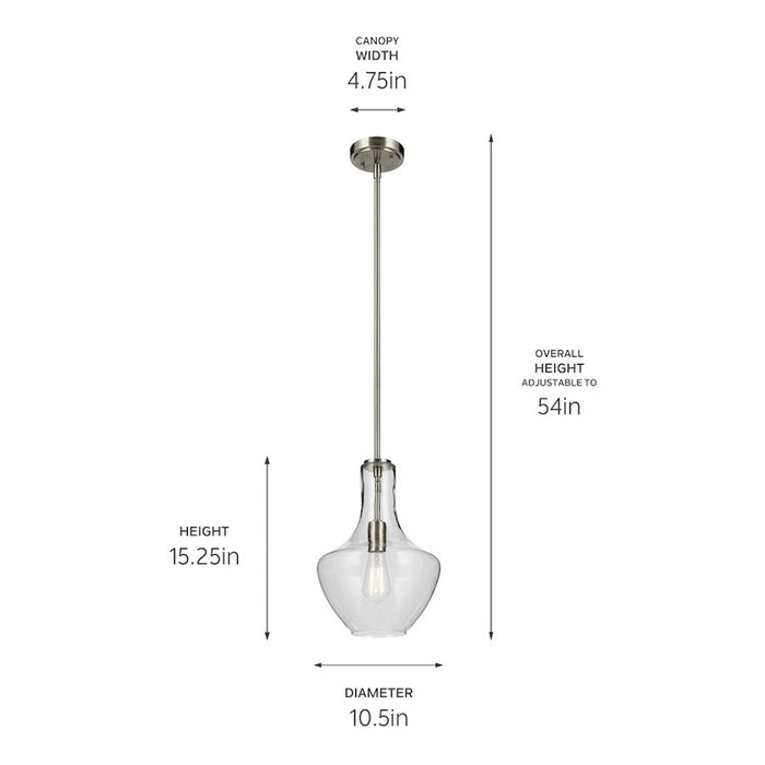 Kichler Everly 1 Light Bell 15.25" Pendant, Brushed Nickel/Clear