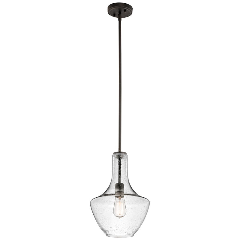 Kichler Everly 15in 1-Light Pendant | Transitional Olde Bronze and Clear Seeded Glass | Kitchen Island & Dining Room | Model 42141OZCS