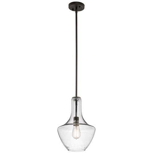 Kichler Everly 15in 1-Light Pendant | Transitional Olde Bronze and Clear Seeded Glass | Kitchen Island & Dining Room | Model 42141OZCS