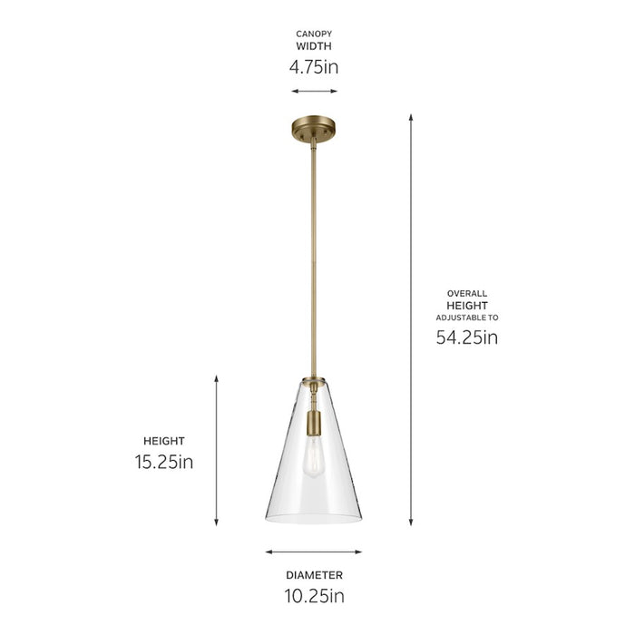 Kichler Everly 1 Light Cone 15.25" Pendant, Natural Brass/Clear