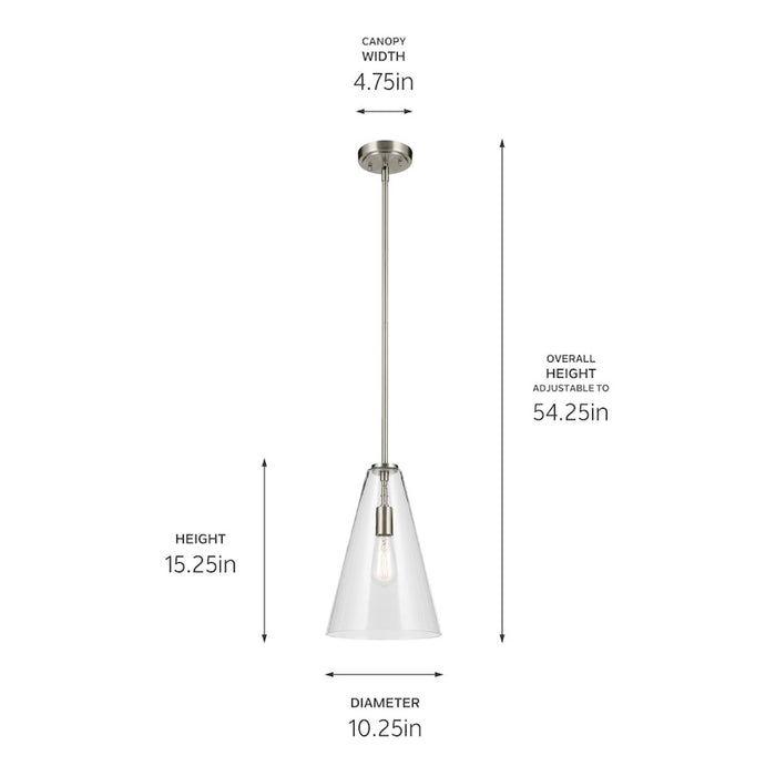 Kichler Everly 1 Light Cone 15.25" Pendant, Brushed Nickel/Clear