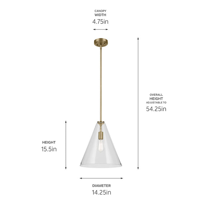 Kichler Everly 1 Light Cone 15.5" Pendant, Natural Brass/Clear