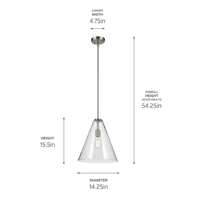 Kichler Everly 1 Light Cone 15.5" Pendant, Brushed Nickel/Clear