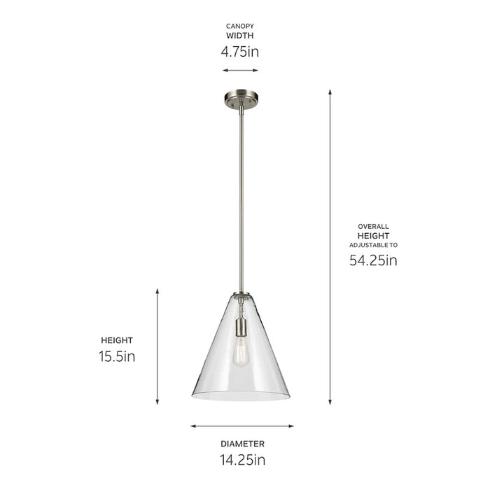 Kichler Everly 1 Light Cone 15.5" Pendant, Brushed Nickel/Clear