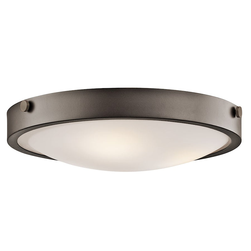 Kichler Lytham 17.5in 3-Light Flush Mount | Transitional Olde Bronze and Satin Etched White Glass | Bedroom & Hallway | 17.5 x 5.5 in | Model 42275OZ