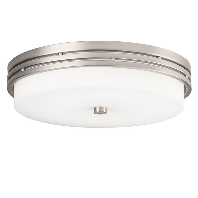 Kichler Ceiling Space 14in LED Flush Mount | Transitional Brushed Nickel and Etched Opal Glass | Hallway & Bedroom | 14 x 3 in | Model 42380NILEDR