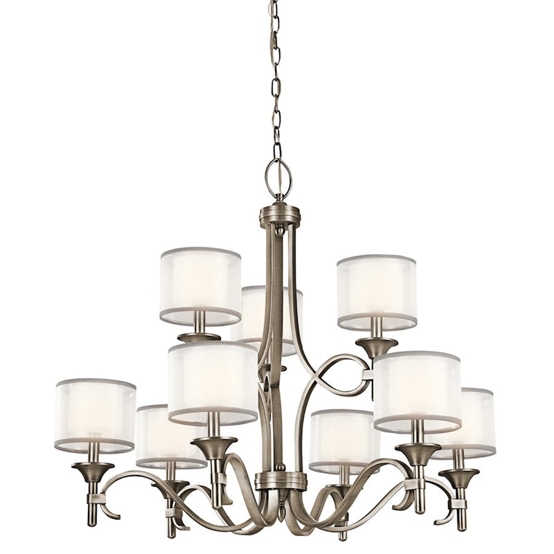 Kichler Lacey 9-Light 2-Tier Chandelier | Antique Pewter Steel and White Organza Shades | Dining Room & Foyer | 34.25 x 29.5 in | Model 42382AP