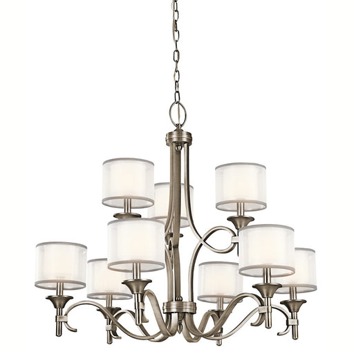 Kichler Lacey 9-Light 2-Tier Chandelier | Antique Pewter Steel and White Organza Shades | Dining Room & Foyer | 34.25 x 29.5 in | Model 42382AP