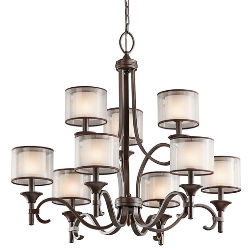 Kichler Lacey 34in 9-Light 2-Tier Chandelier | Transitional Mission Bronze and Metallic Frosted Shade | Dining Room & Foyer | Model 42382MIZ