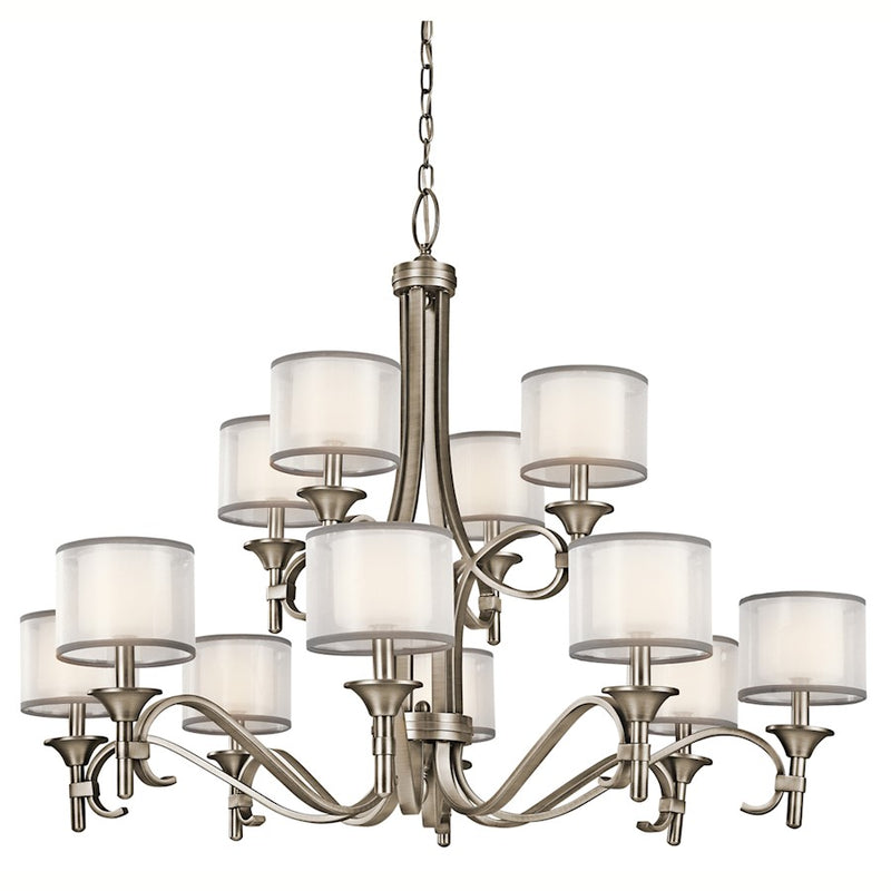 Kichler Lacey 42in 12-Light Chandelier | Transitional Antique Pewter and White Organza Satin Etched White Glass | Dining Room | Model 42383AP