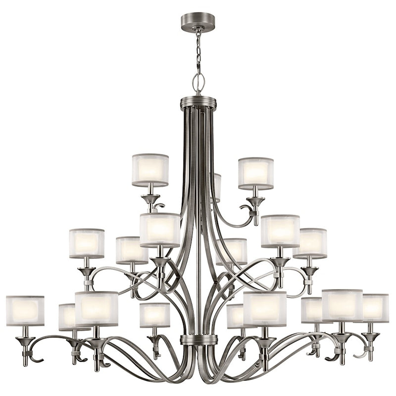 Kichler Lacey 62in 18-Light Chandelier | Transitional Antique Pewter and White Organza Satin Etched Glass | Dining Room & Foyer | Model 42396AP
