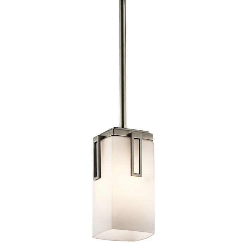 Kichler Leeds 13in 1-Light Mini Pendant | Contemporary Antique Pewter and Satin Etched Cased Opal Glass | Kitchen Island & Dining | Model 42432AP