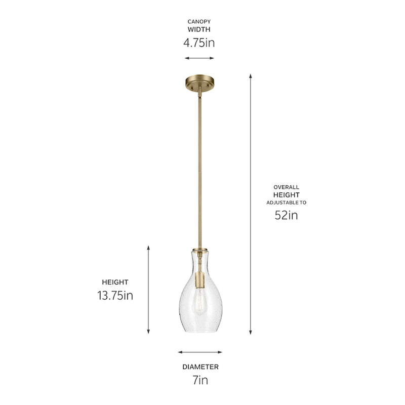 Kichler Everly 1 Light Bell 13.75" Pendant, Brass/Clear Seeded