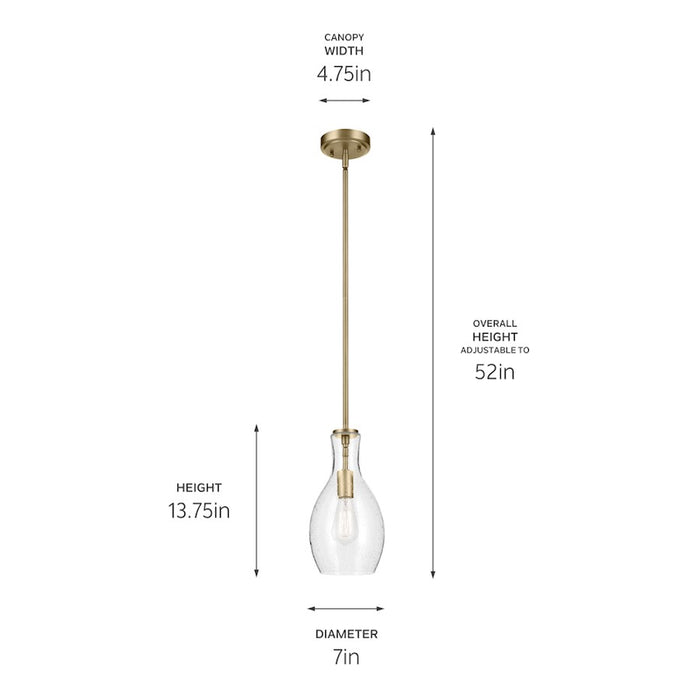 Kichler Everly 1 Light Bell 13.75" Pendant, Brass/Clear Seeded