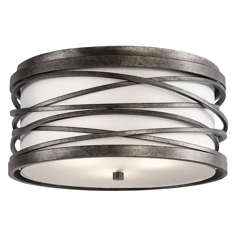 Kichler Krasi 16in 3-Light Flush Mount | Transitional Warm Bronze and Off White Fabric Shade | Bedroom & Hallway | 8 in H | Model 42479WMZ
