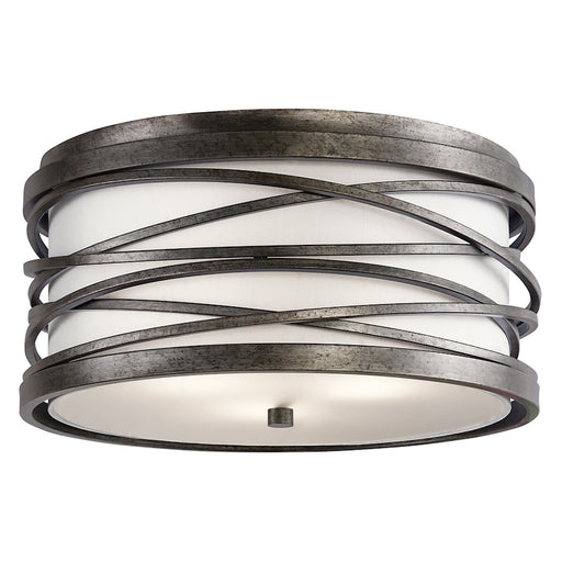 Kichler Krasi 16in 3-Light Flush Mount | Transitional Warm Bronze and Off White Fabric Shade | Bedroom & Hallway | 8 in H | Model 42479WMZ