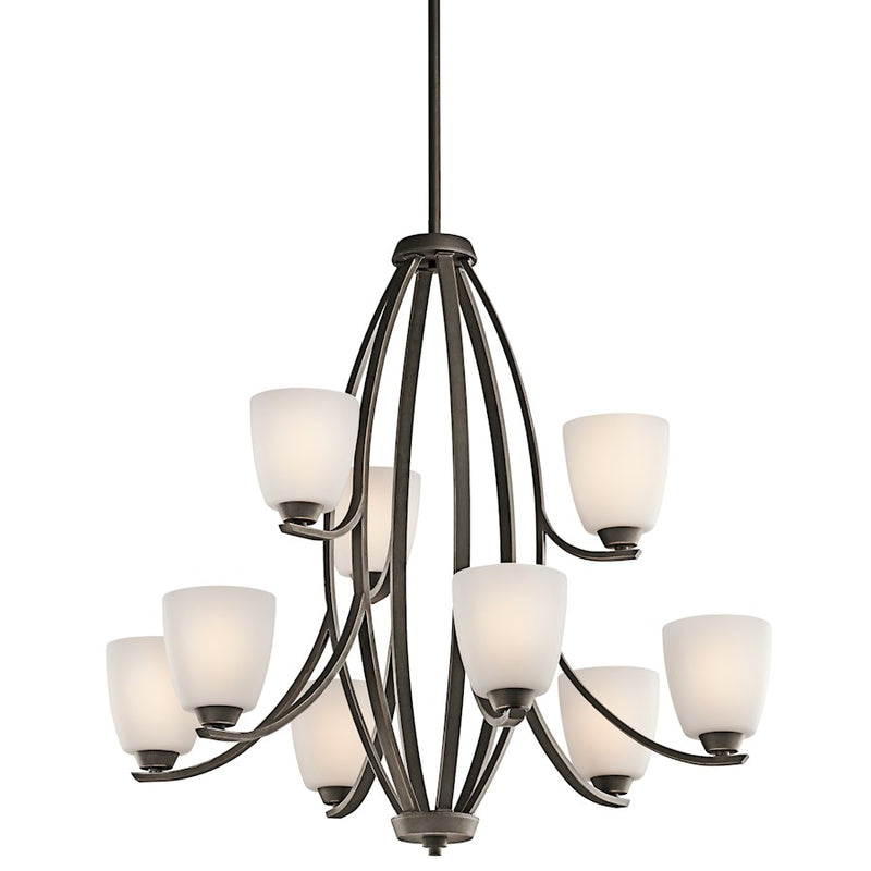 Kichler Granby 33in 9-Light Chandelier | Transitional Olde Bronze and Satin Etched Cased Opal Glass | Dining Room & Living Room | Model 42559OZ