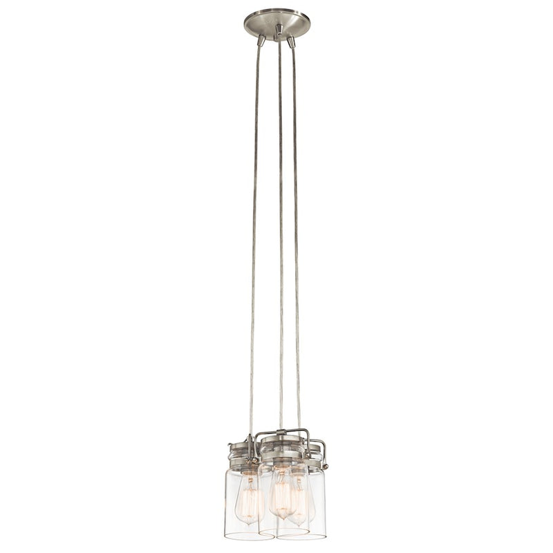 Kichler Brinley 8.5in 3-Light Pendant | Rustic Brushed Nickel and Clear Glass | Kitchen Island & Dining Room | 8.5 x 7.75 in | Model 42869NI