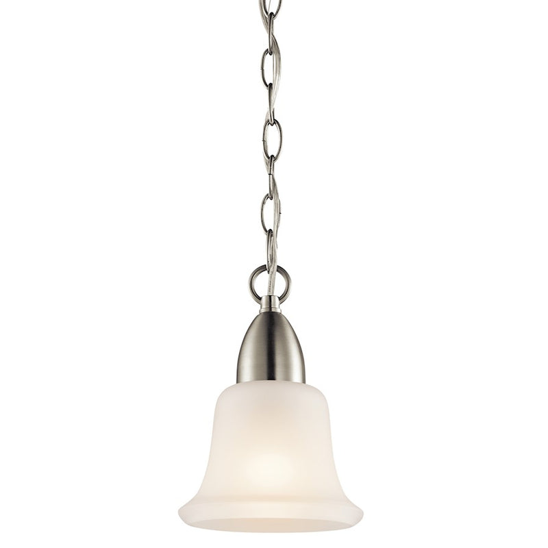 Kichler Nicholson 1-Light Mini Pendant | Brushed Nickel and Satin Etched Glass | Kitchen Island & Dining Room | Model 42880NI