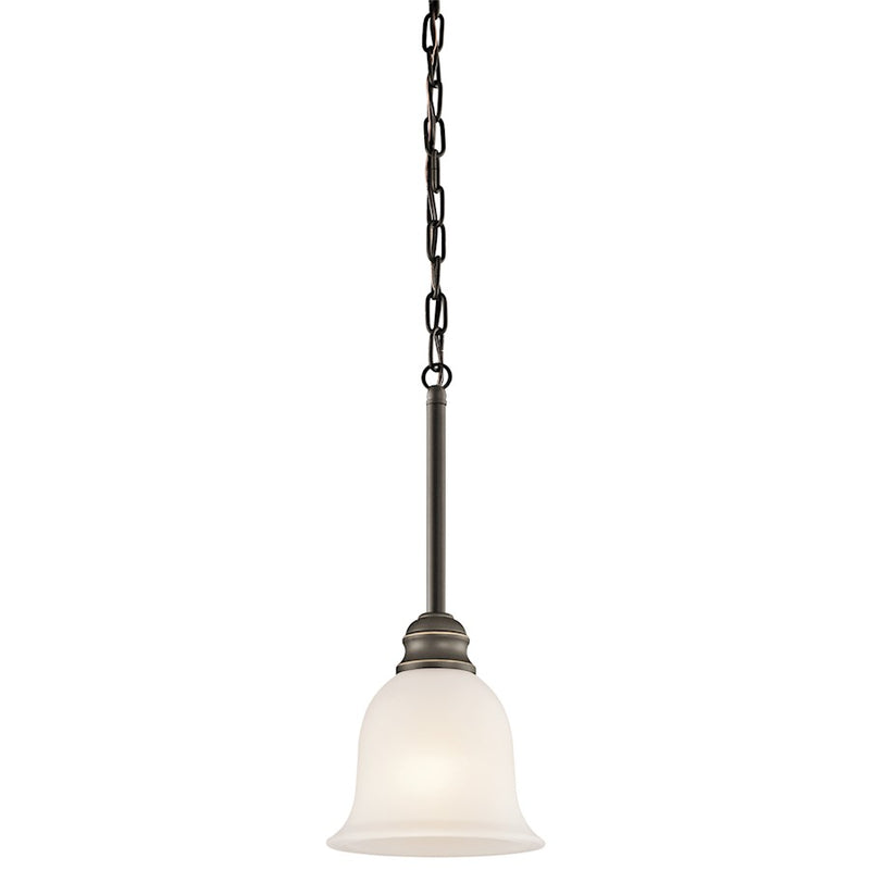 Kichler Tanglewood 6in 1-Light Mini Pendant | Transitional Olde Bronze and Satin Etched Glass | Kitchen Island & Dining Room | Model 42901OZ