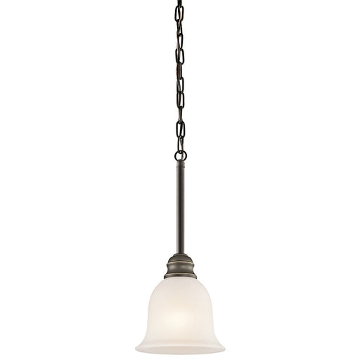 Kichler Tanglewood 6in 1-Light Mini Pendant | Transitional Olde Bronze and Satin Etched Glass | Kitchen Island & Dining Room | Model 42901OZ