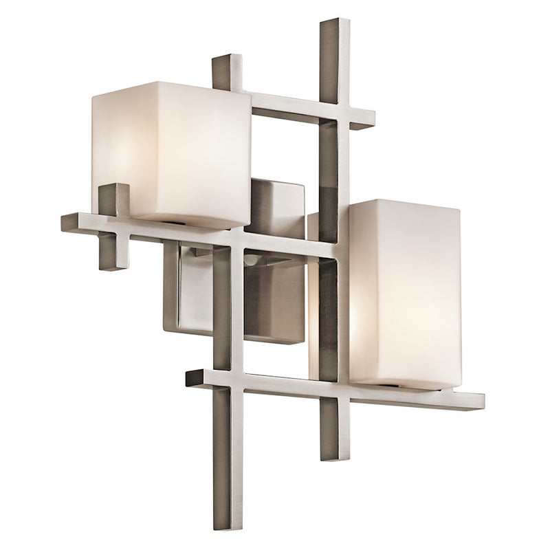 Kichler City Lights 16in 2-Light Wall Sconce | Classic Pewter and Satin Etched Opal Glass | Living Room & Hallway | 15.5 x 16 in | Model 42942CLP